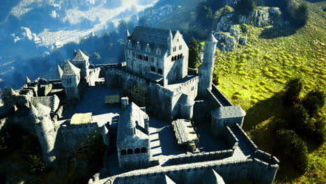 majestic medieval castle perched on a hilltop surrounded by lush greenery