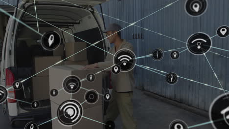 unloading boxes, delivery worker with network connections and data processing animation