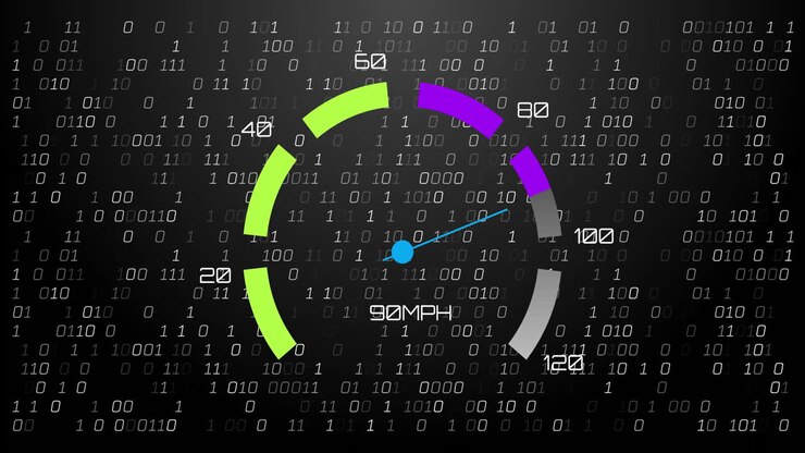 Animation of digital data processing over speedometer and binary coding
