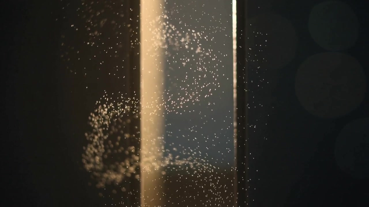 Nuvola di particelle che sale e si solleva a spirale sotto un raggio caldo in una stanza buia, mostrando bobine ad anello, bokeh.