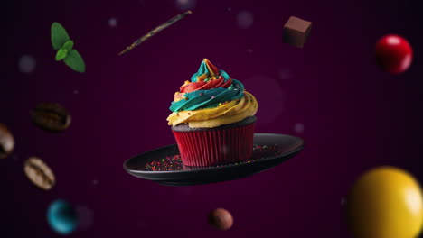 intro de animación de pastel de helado de 3 colores para publicidad o comercialización en fondo púrpura oscuro para restaurantes con los ingredientes del postre volando en el aire - agregue precio o venta