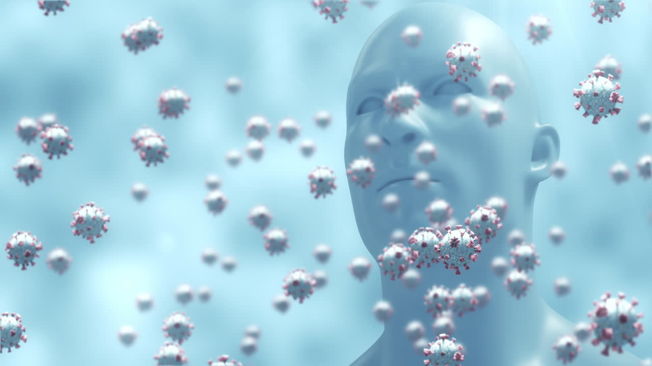 배경에 있는 3d 인간 모델 위에 떠다니는 거대 코로나바이러스 세포의 애니메이션 4k