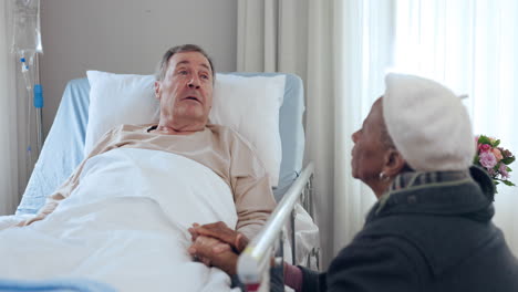 bed, holding hands and senior couple