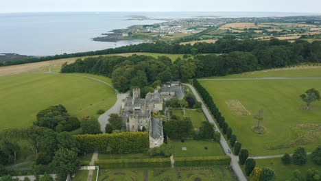 Aerial-4k-footage,-Ardgillan-Castle-is-a-country-house-in-Balbriggan,-Dublin,-Ireland