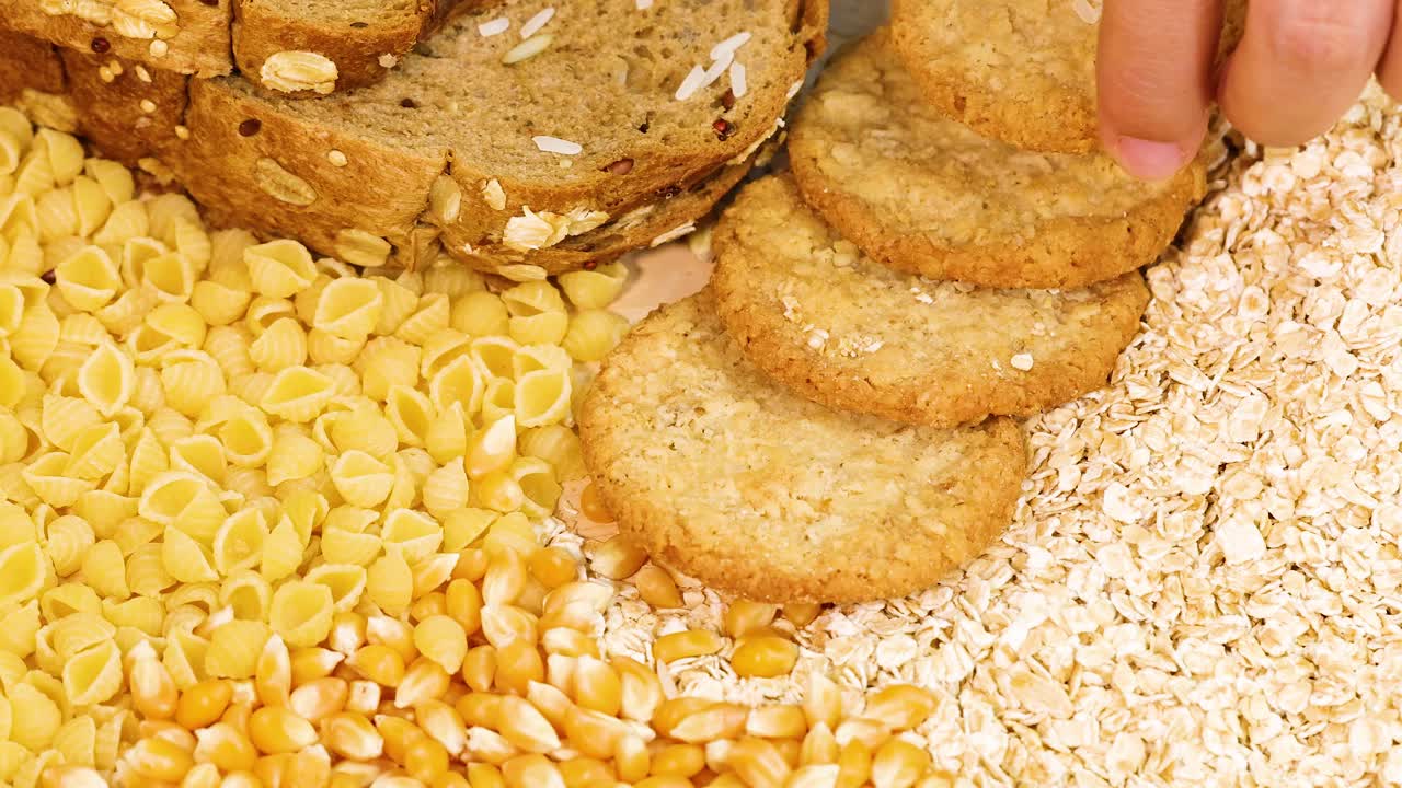 A hand arranges oatmeal cookies on a surface with grains and whole wheat bread, under bright lighting