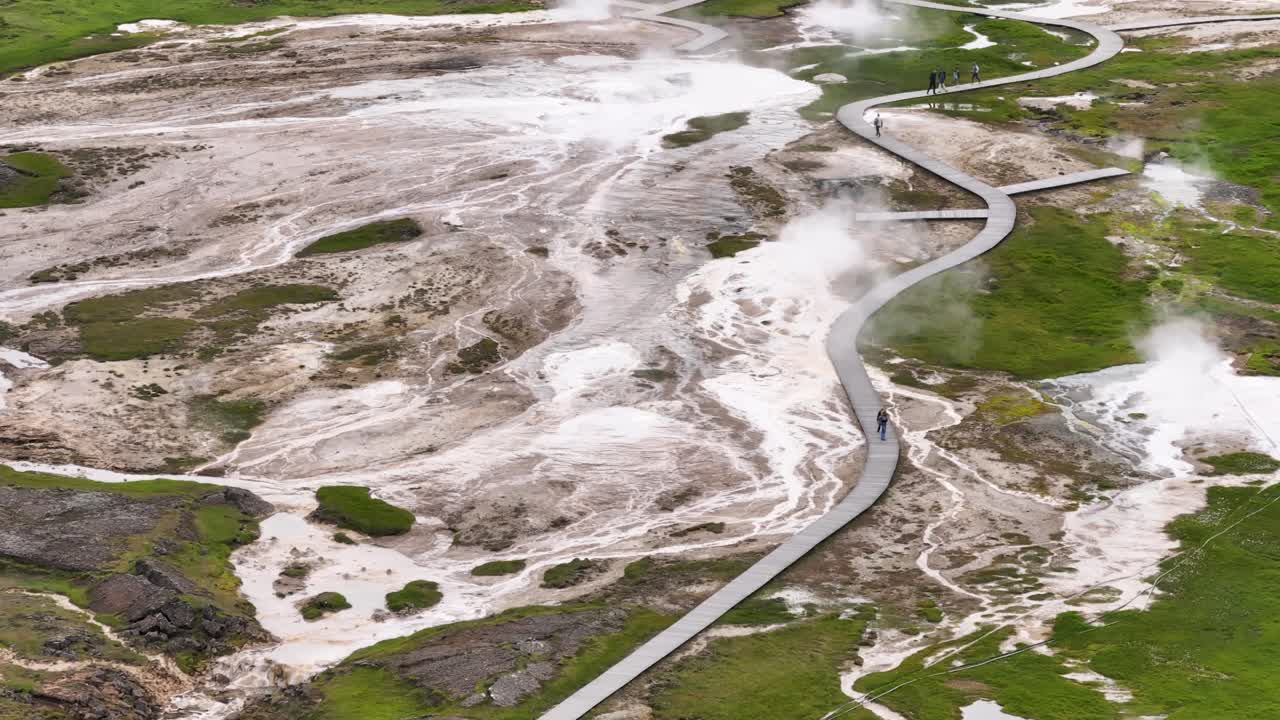 Visitors Walking Through The Boardwalk Along The Hveravellir Geothermal Field With Fumarole In Iceland. - aerial shot