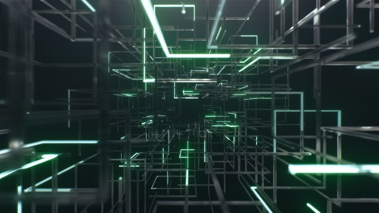 Futuristic green data network corridor loop fly through technology background