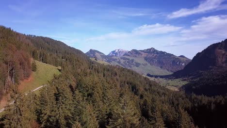 A-tiny-dirt-road-winds-through-sun-drenched-fall-valley-near-Toggenburg,-Switzerland,-aerial-descend