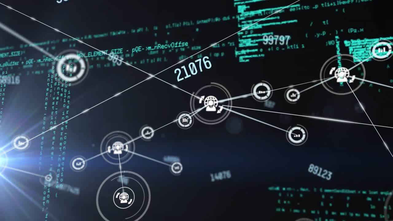 Animation of network of connections with icons and data processing over dark background