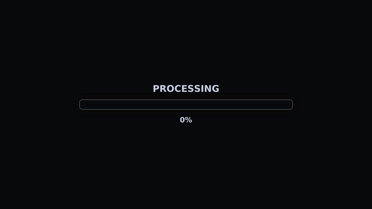 A loading bar moves across the screen. The bar fills up and displays a message that states processing is at one hundred percent. The background is black and the animation is smooth