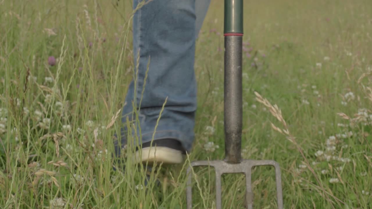 포크로 들판에서 원예하는 여자