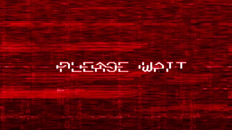 Messaggio retrò pixelato 'Attendere prego' con effetto glitch digitale
