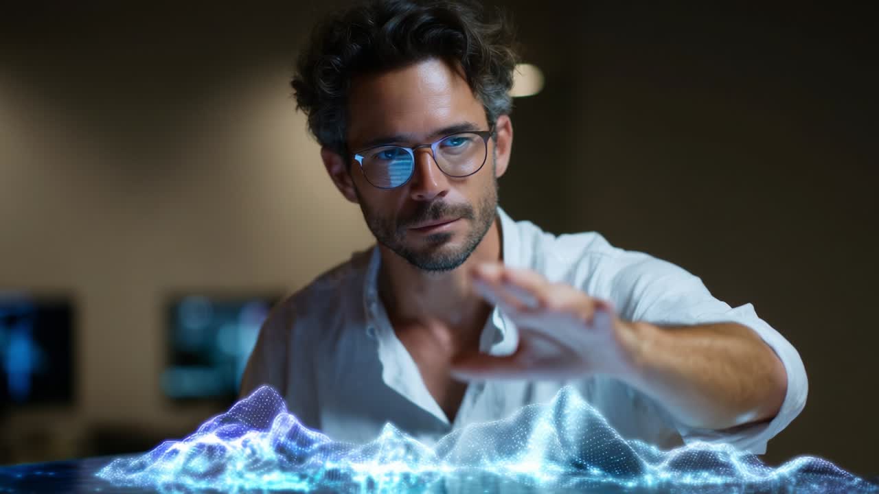 Innovative technology and dynamic data visualization come together as a focused individual interacts with a holographic display, showcasing the future of digital interaction and analysis in a modern workspace