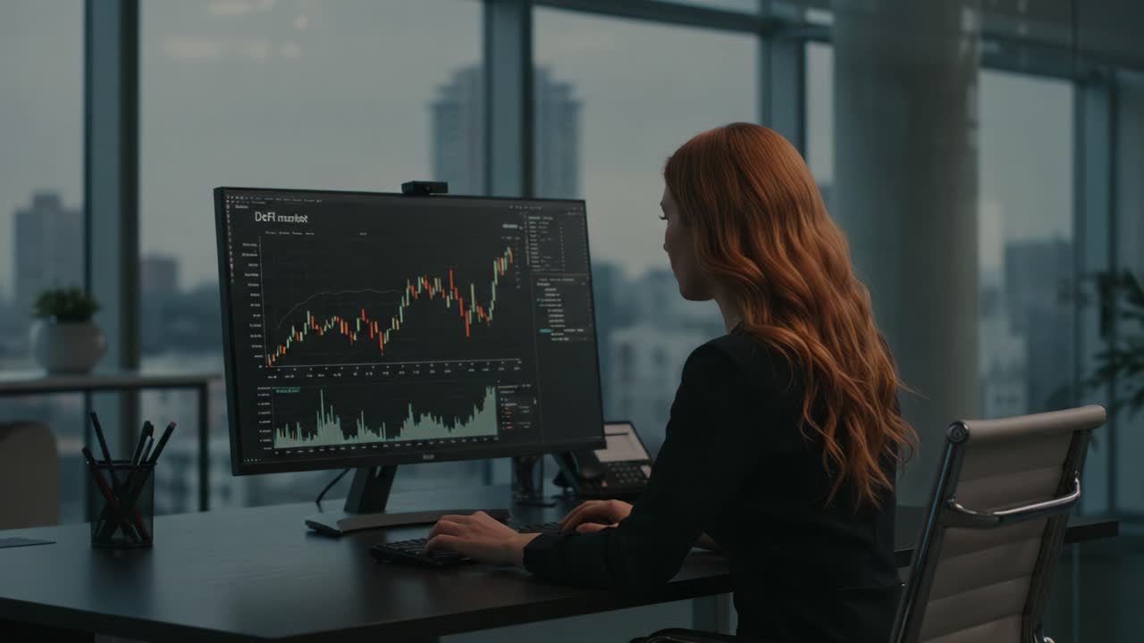 A focused trader analyzes market trends on a computer screen, captivated by dynamic stock charts and financial data in a modern office setting during dusk