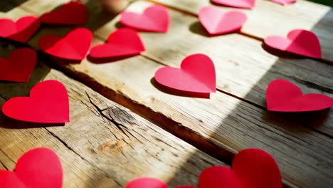 red paper hearts on wooden table