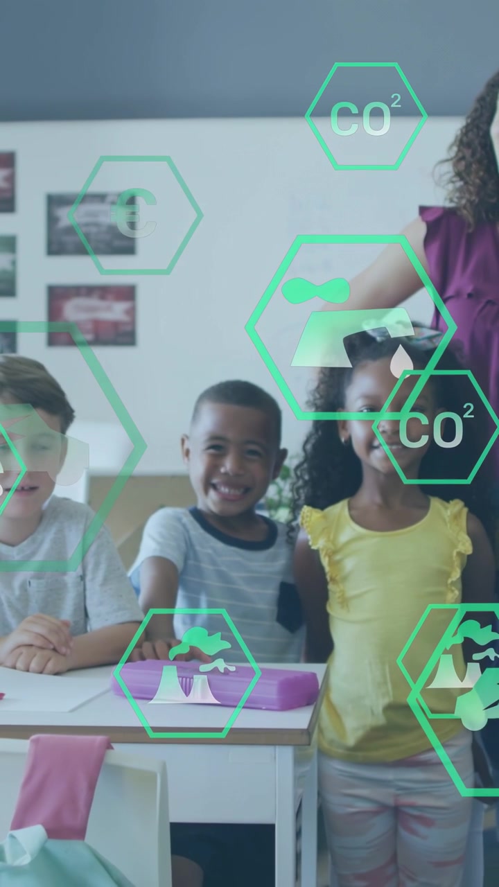 Vertical video: Teacher touching pupil shoulder causing green hex icons moving over desk for school
