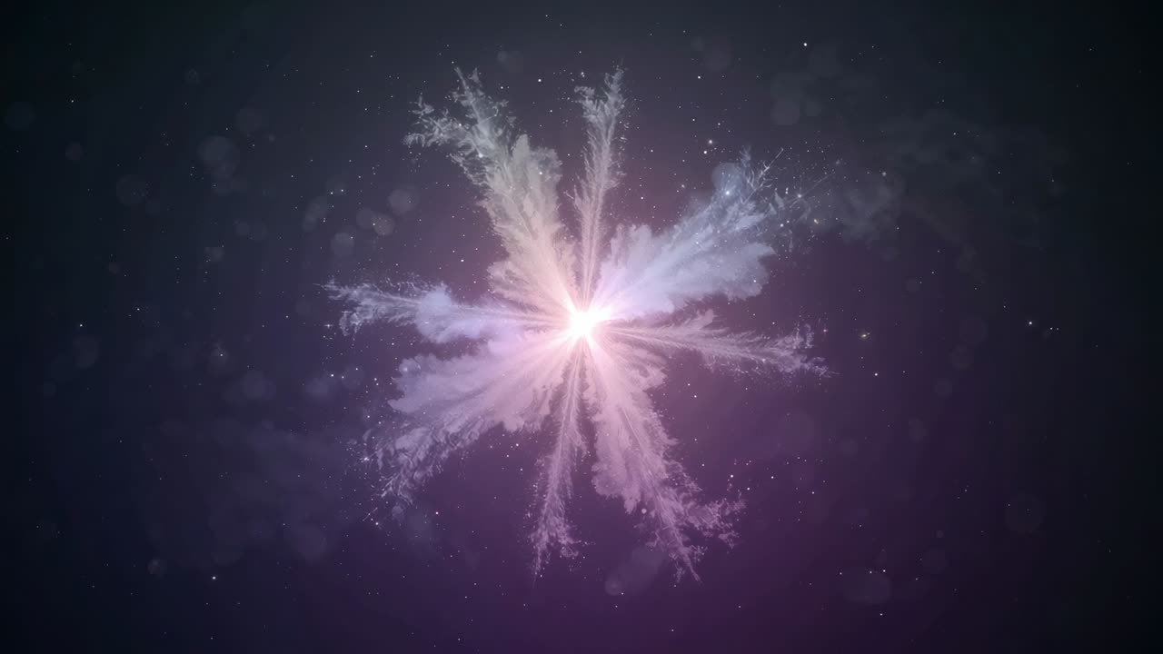 Appearing bright core forming radial feathery plumes in purple space, scattering sparks and stars