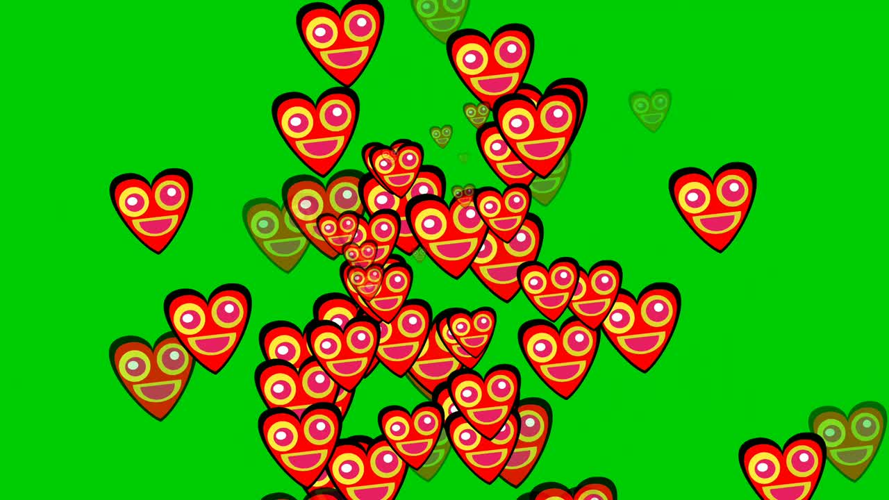 símbolo de amor con emoji emoticon de felicidad animación de dibujos animados que se mueve hacia abajo. emoticon cayendo sonriendo y dulce sonrisa emoticon en forma de corazón en pantalla verde. animación de concepto de valentín 4k, clave chroma