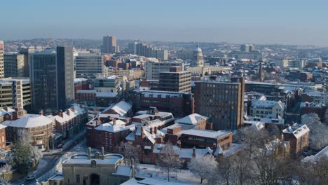 aerial establishing shot of nottingham city centre in winter