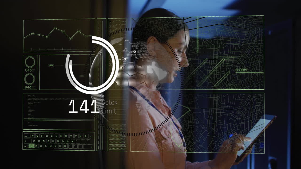 Using tablet, woman viewing digital data processing overlay in school setting