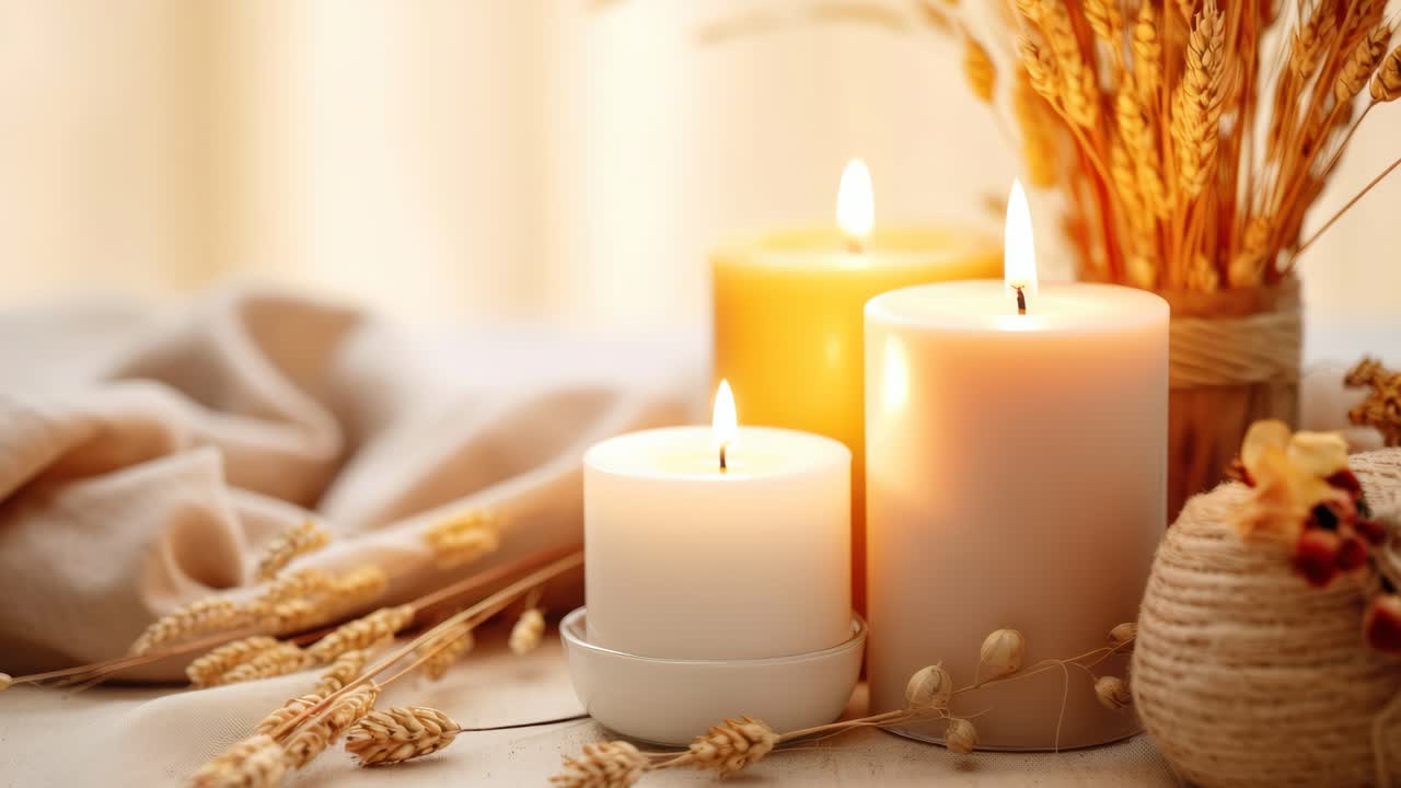 Warm, cozy video scene with lit candles and dried wheat on a table