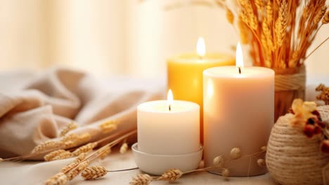 warm, cozy video scene with lit candles and dried wheat on a table