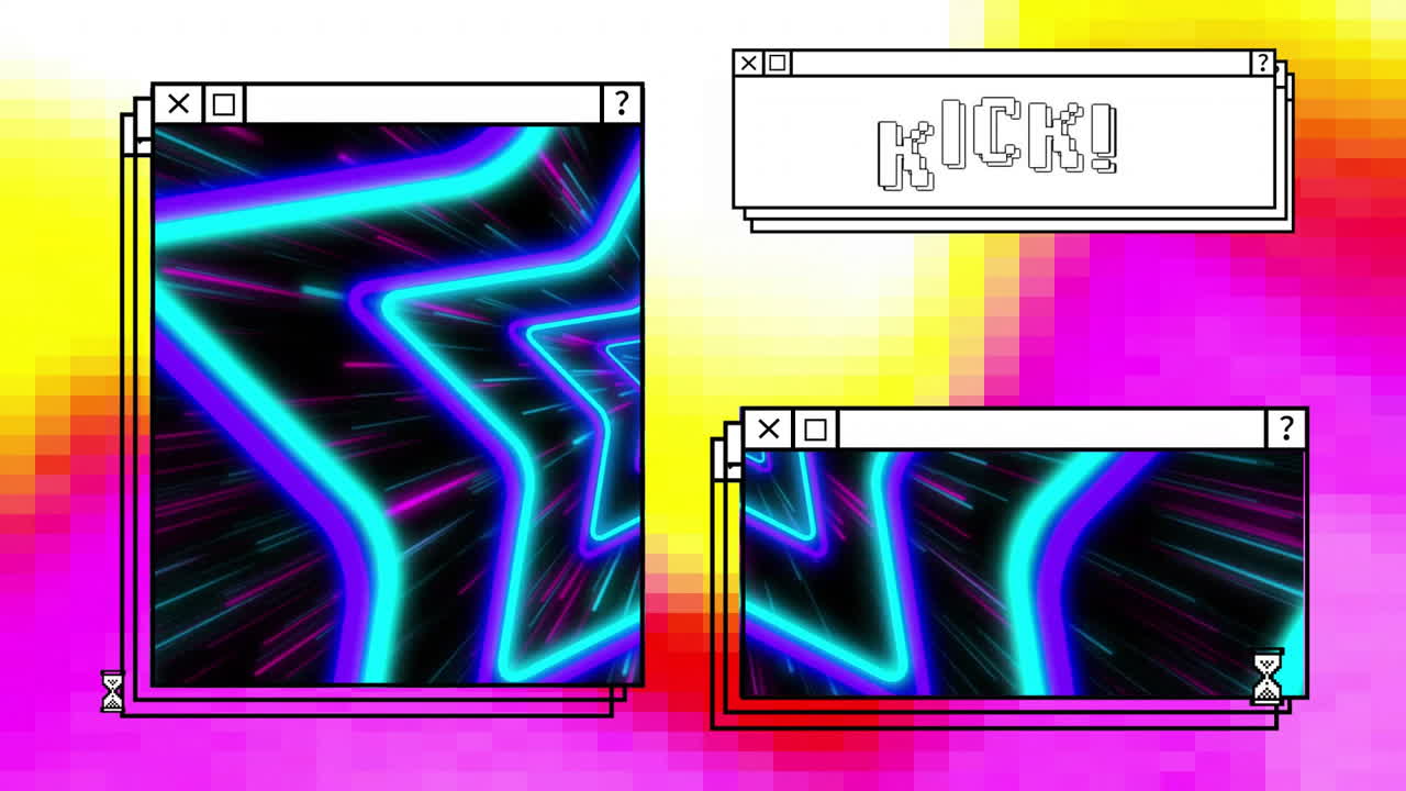 Animation of digital interface with kick text and blue stars on colourful background