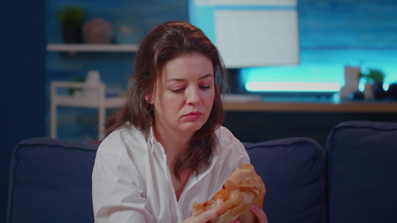 Portrait of hungry woman eating burger and watching TV