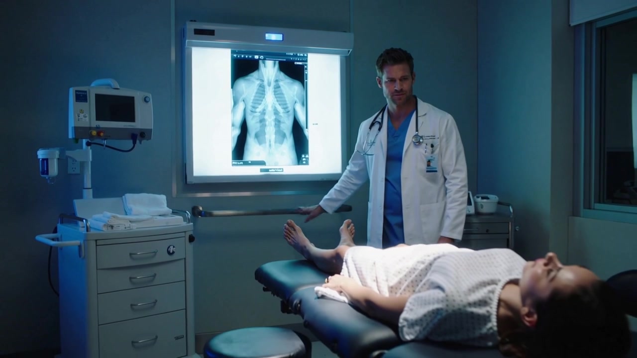 Responding to lit X-ray doctor in white coat studying scan adjusting ankle preparing exam in clinic