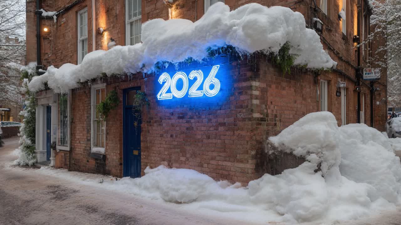 A Cozy Scene of a Snow-Covered Building with a Bright Neon Sign in Front, Capturing the Tranquility and Beauty of Winter's Embrace