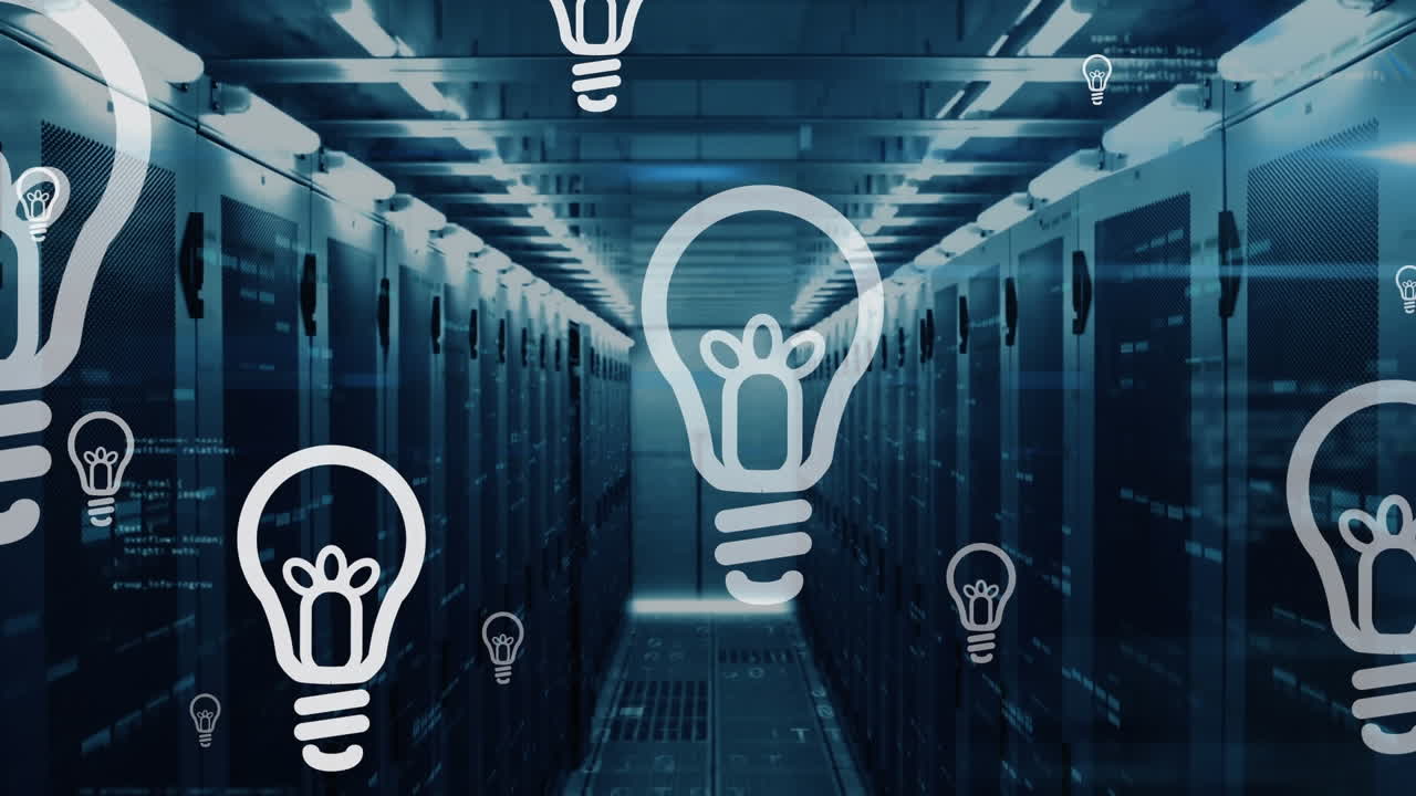 Animation of multiple electric bulb icons floating and mosaic squares against computer server room