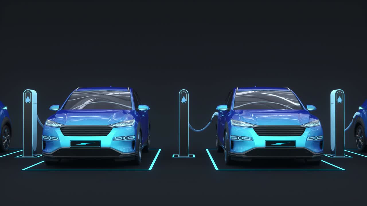 어두운 배경에 현대적인 전기 자동차 컨셉을 충전합니다.