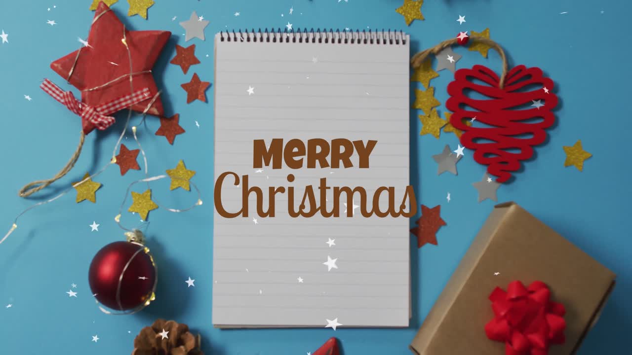 animación del texto de feliz navidad sobre decoraciones