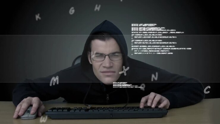 Animation of data processing over caucasian hacker using computer