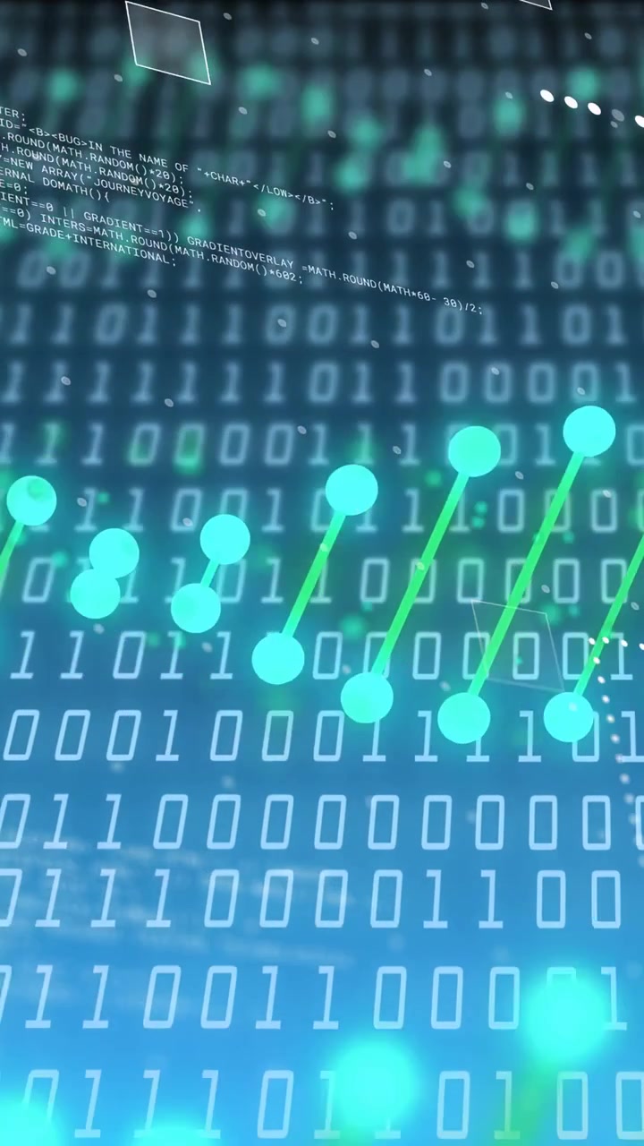 Vertical video: On start binary grid appearing node chain pulsing, sliding upward showing data flow