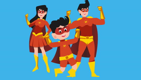 animación de padre, madre e hijo en traje de superhéroe contra pancartas de texto pow y zap.