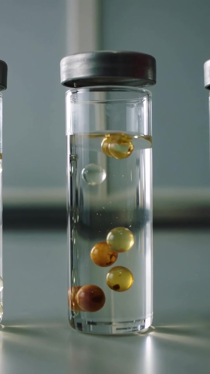 Vertical video: Lowering black probe stirring center vial on lab bench, mixing amber beads upward