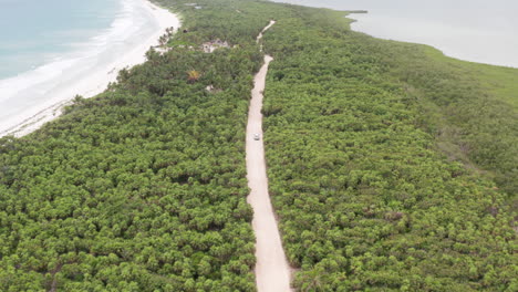 suv conduciendo en una península viajando a través de green tulum mexico seguimiento trasero