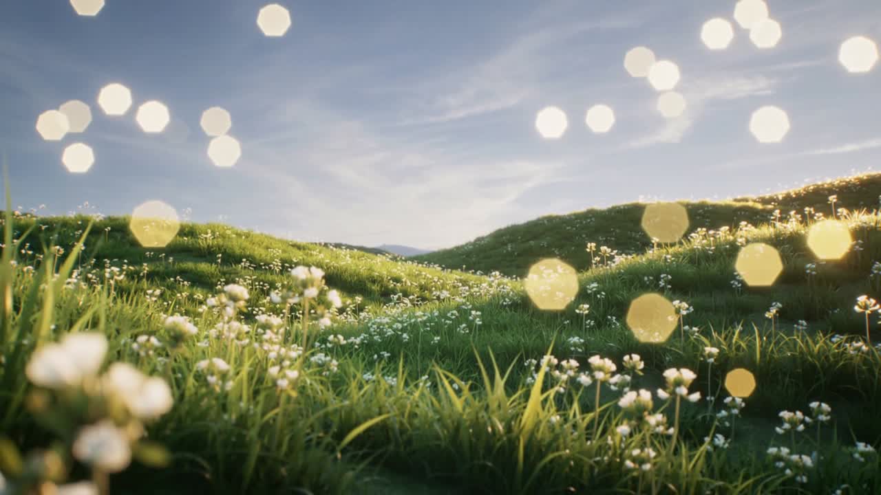 Pulling back from close foreground, camera revealing rolling hills distant ridge clover bokeh