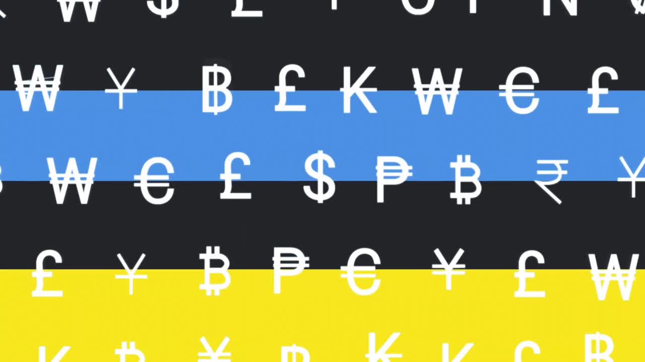 animación de los símbolos de la moneda sobre la bandera de ucrania