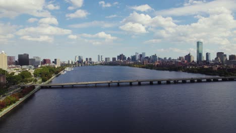 bird's eye view of harvard bridge over charles river and boston city skyline