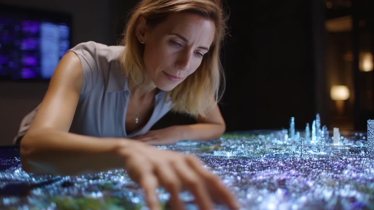 Interactie met een hightech stadsmodel: een vrouw analyseert een interactieve digitale kaart met stadslandschappen en datavisualisaties in een moderne omgeving