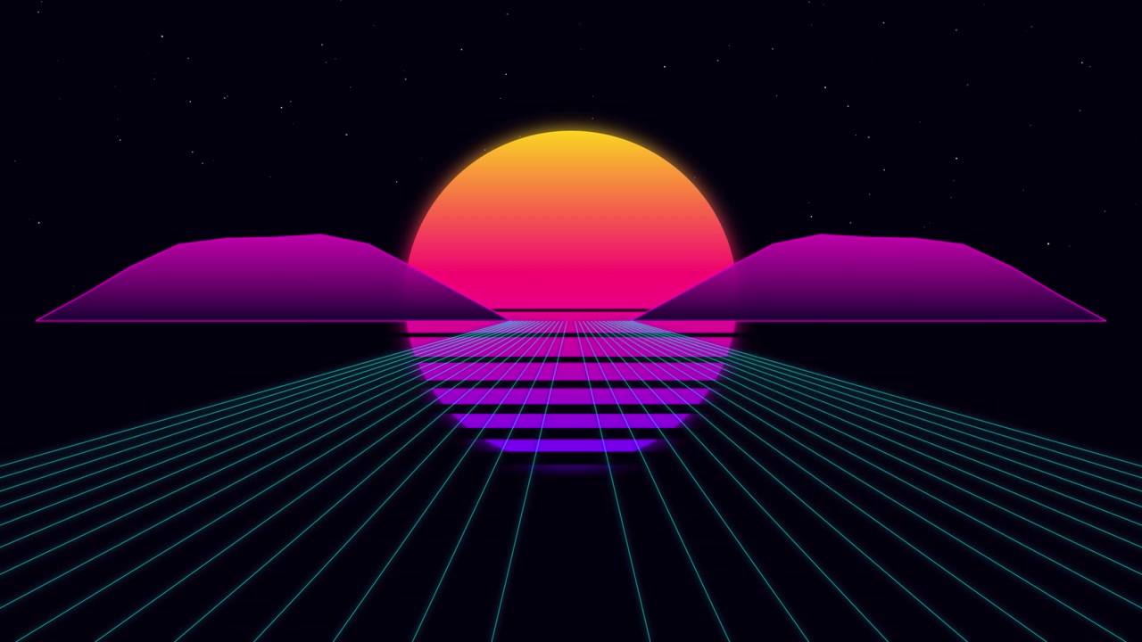 Retro Synthwave Style Landscape with Glowing Sun and Grid