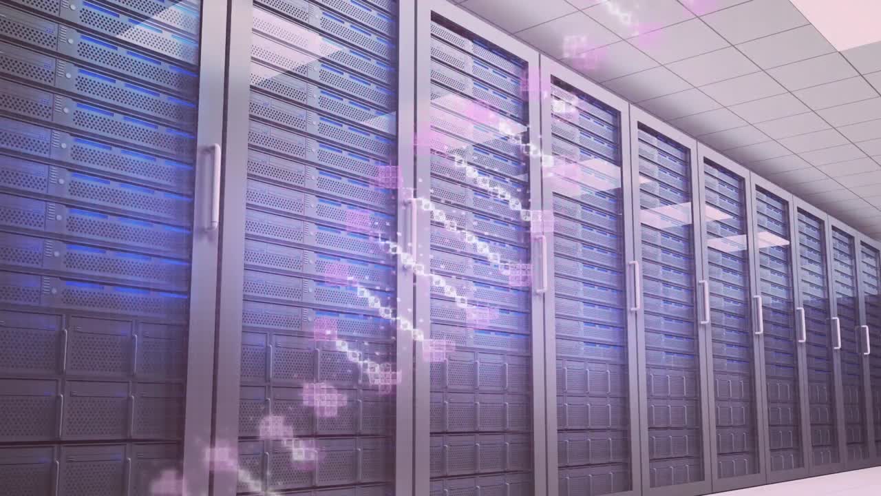 Animation of dna strand over server room