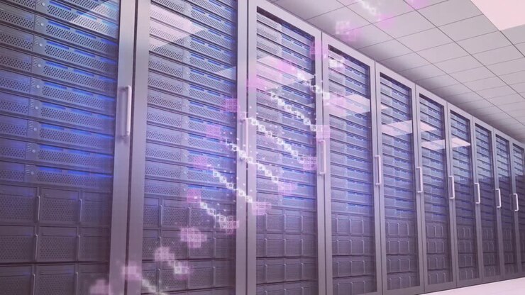Animation of dna strand over server room