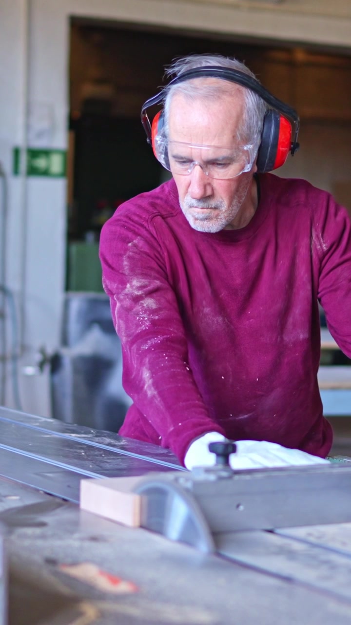 Focused Man Using Table Saw for Woodworking with Safety Gear