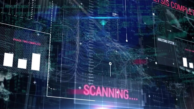 Digital grænseflade med databehandling mod verdenskort og roterende globus på blå baggrund.