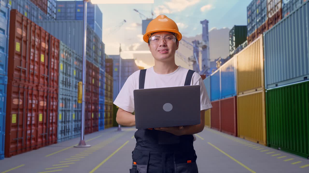 Asian Man Worker Wearing Goggles And Safety Helmet Using A Laptop And Smiling While Standing At Container Yard Warehouse