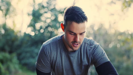 fitness, man and runner check time in nature