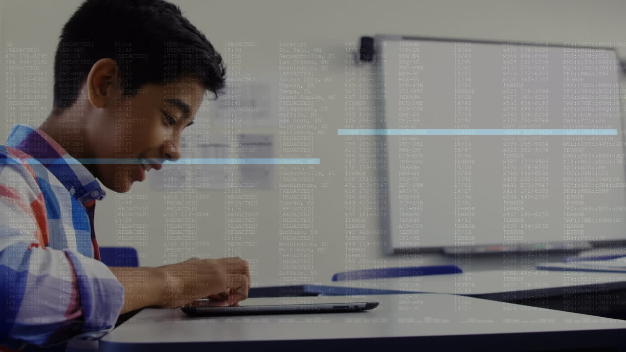 Animation of data processing over indian boy using digital tablet in the class at school